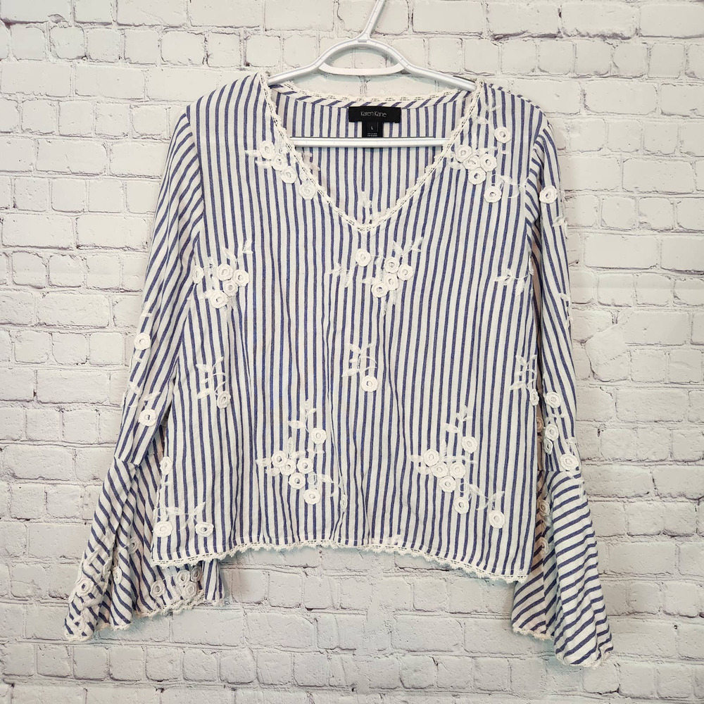 Karen Kane Women's Striped Embroidered Eyelet Boho Top L
